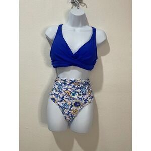 Fashion Royal Blue Twist Front High Waisted Floral Bikini Set NWT Large